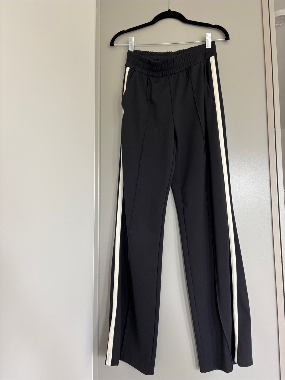 Athleta Black Wide-Leg Track Pants with White Side Stripes